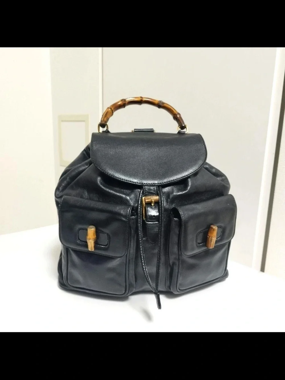 Gucci Black Leather Backpack with Bamboo Handle